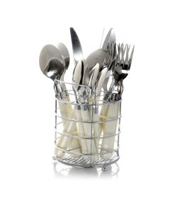 Gibson Sensations II 16 Piece Stainless Steel Flatware Set with White Handles and Chrome Caddy